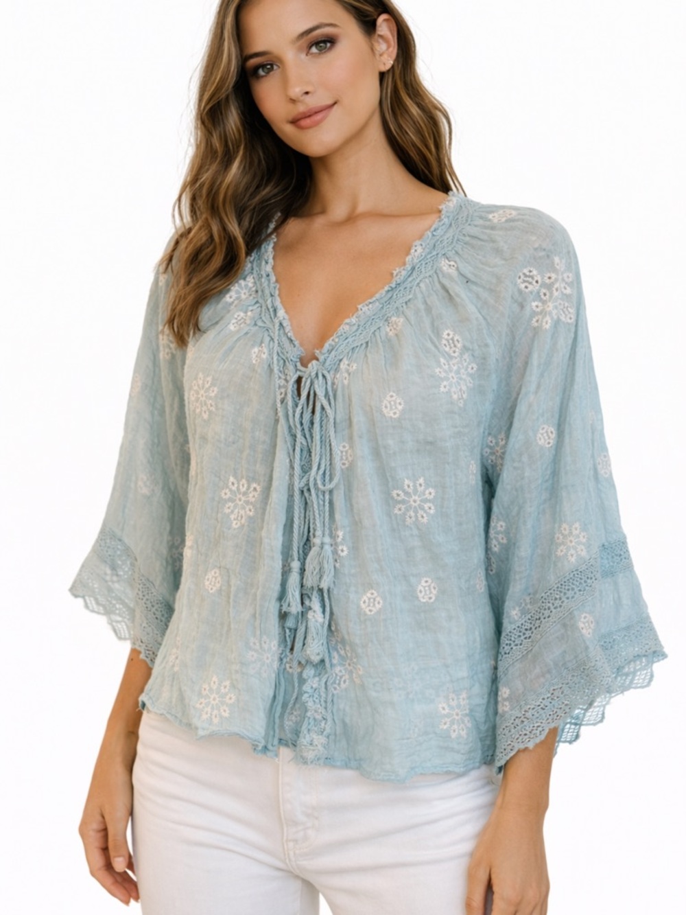 Free People Pale Blue Embroidered Tie-Front Peasant Blouse